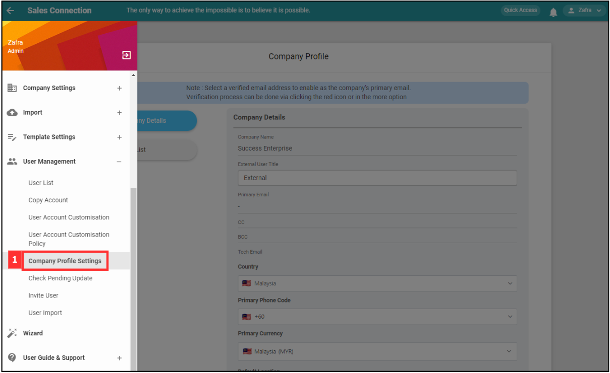 Company Profile Settings Step 1