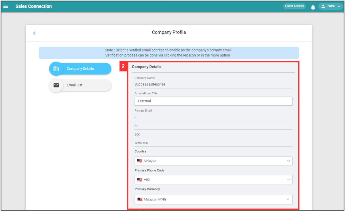 Company Profile Settings Step 2