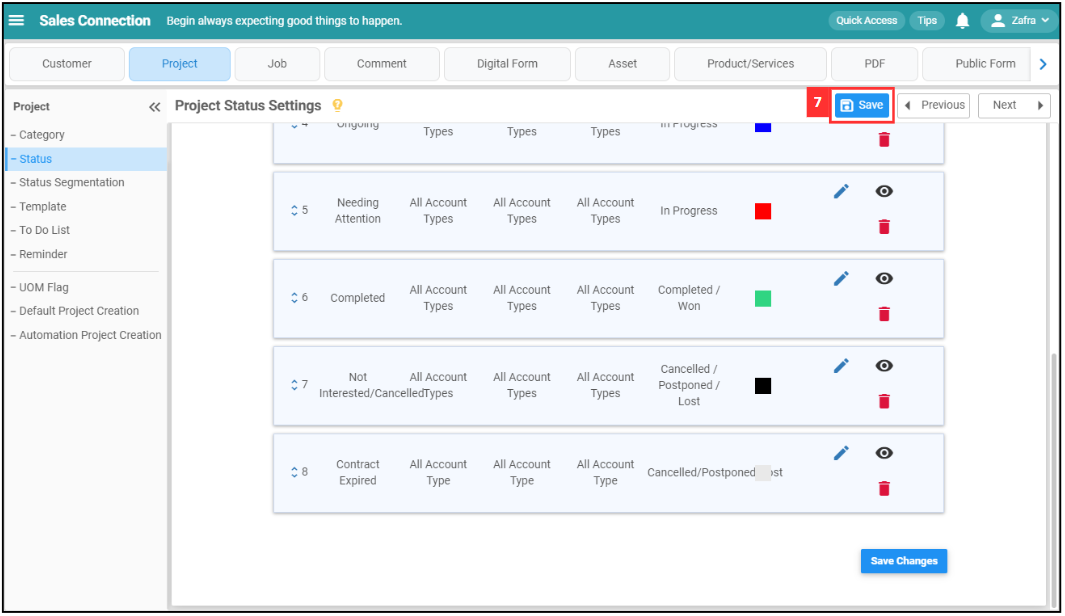 New Project Status Save Button