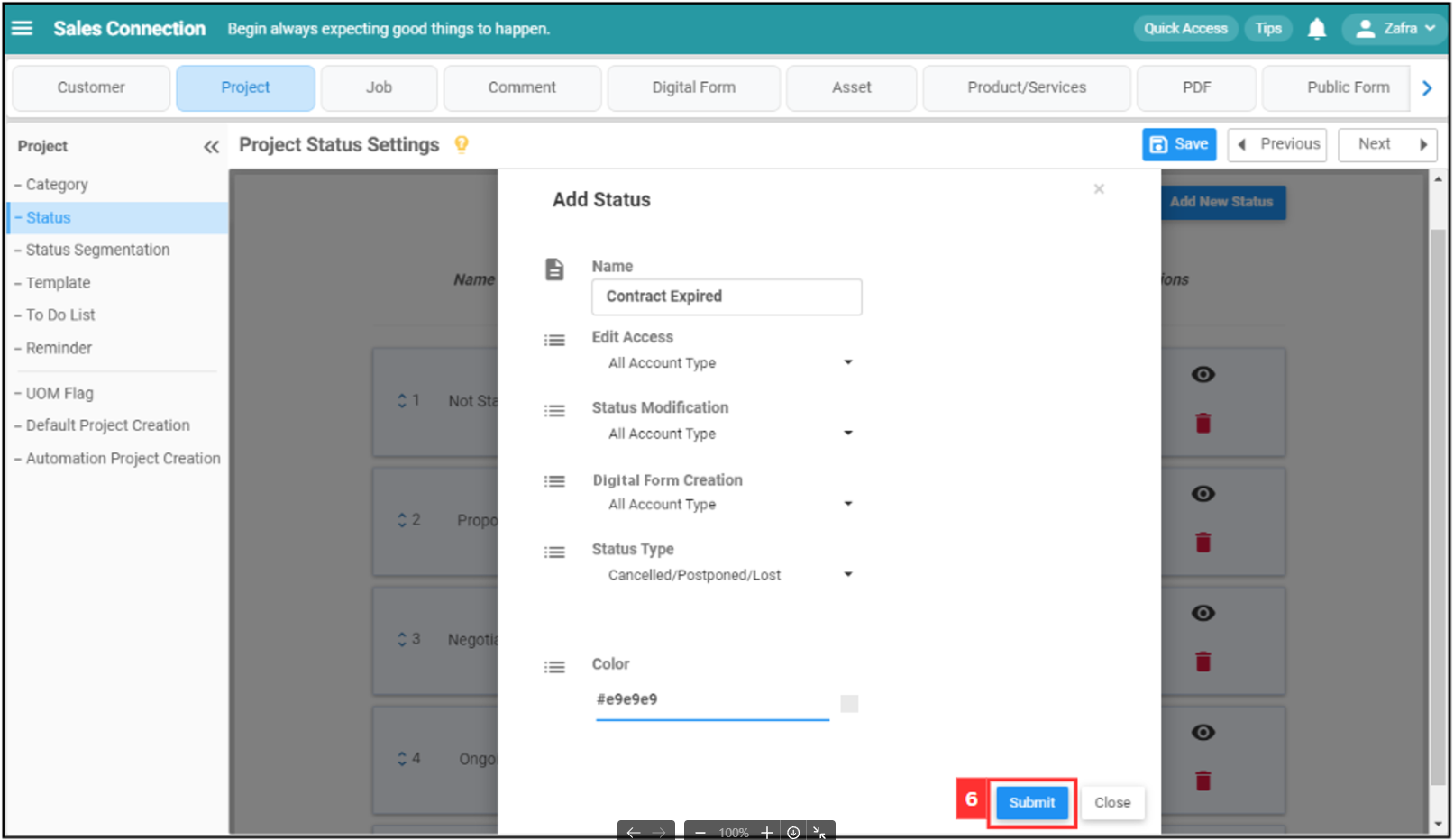 New Project Status Submit Button