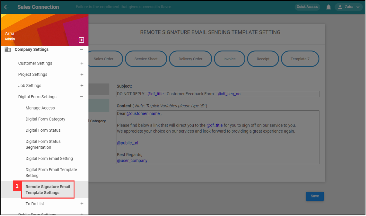 Remote Signature Email Template Settings Page