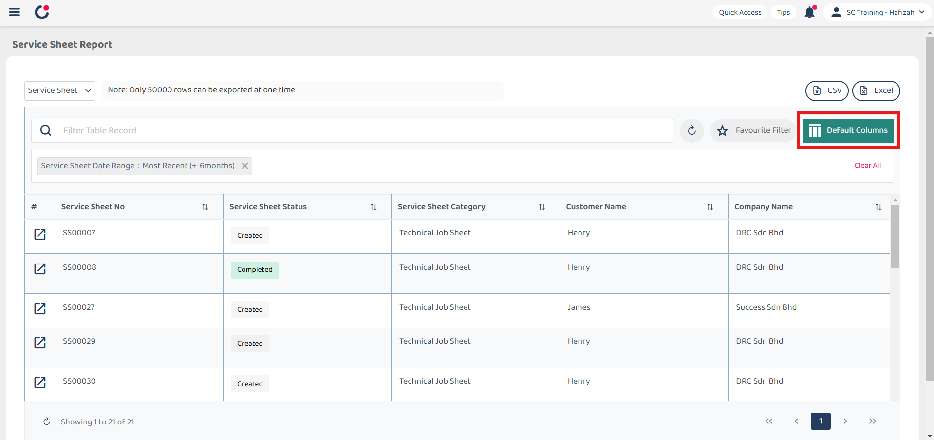 Report Page Default Columns Step 1