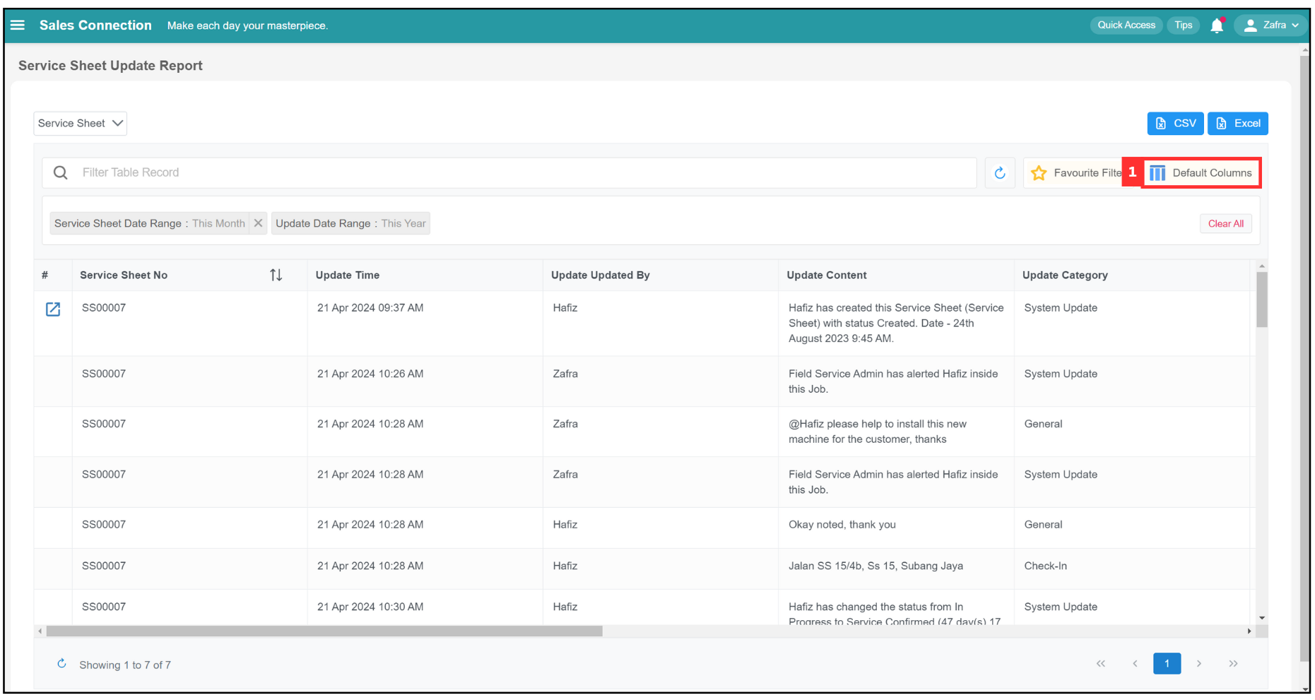 Report Update Page Default Columns Step 1