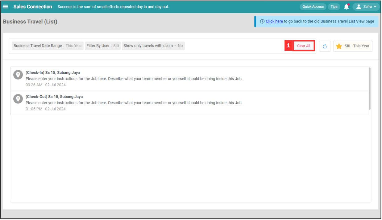Business Travel List Clear All Filter Step 1