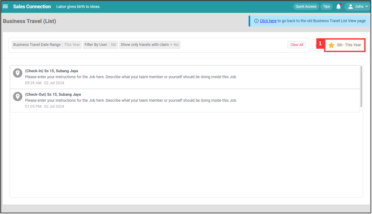 Business Travel List Default Filter Step 1