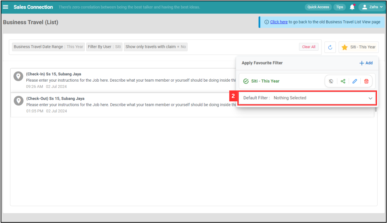 Business Travel List Default Filter Step 2