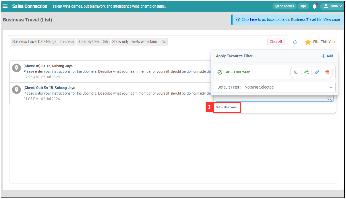 Business Travel List Default Filter Step 3