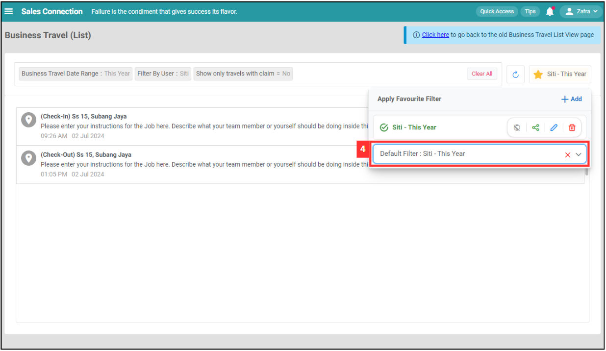 Business Travel List Default Filter Step 4