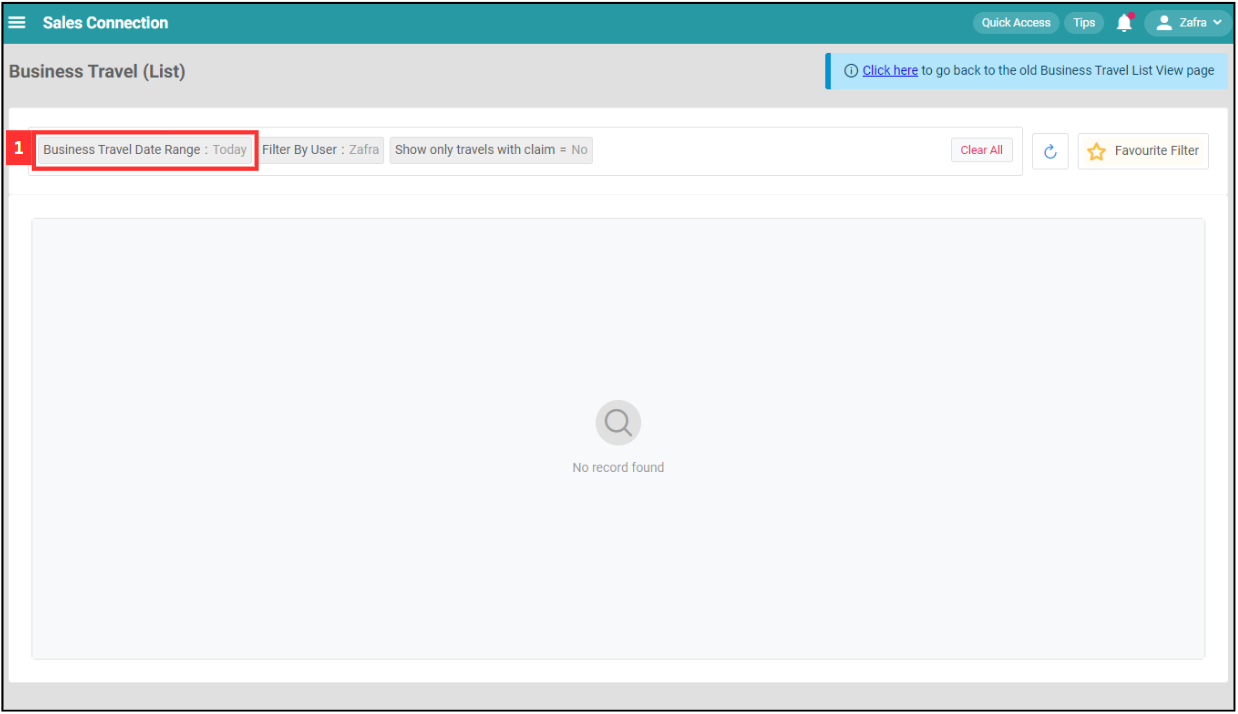 Business Travel List Filter Step 1