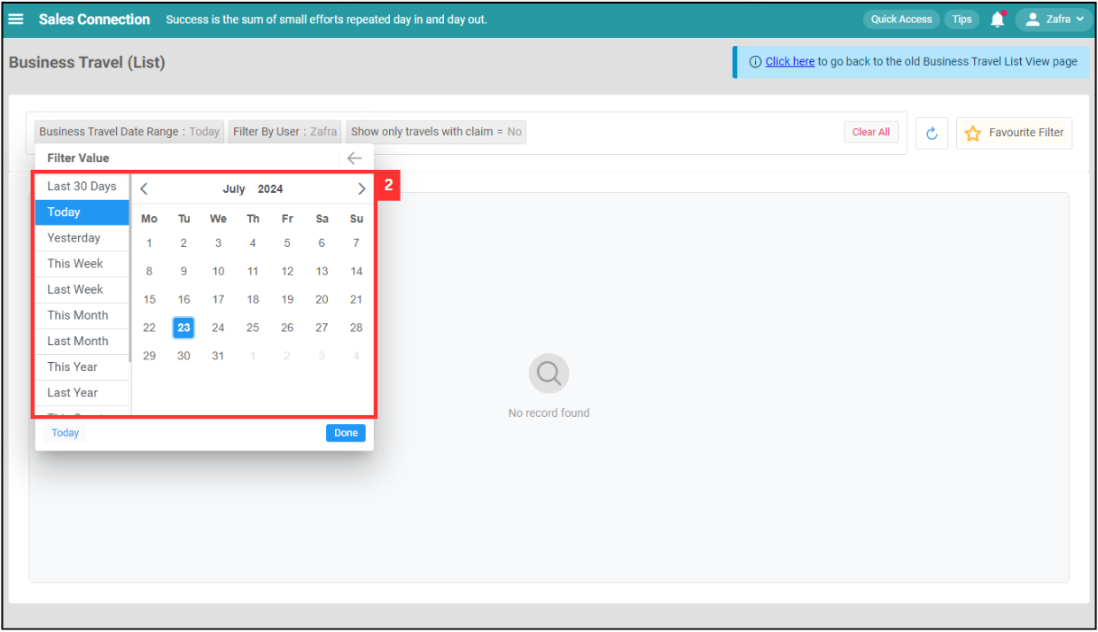 Business Travel List Filter Step 2