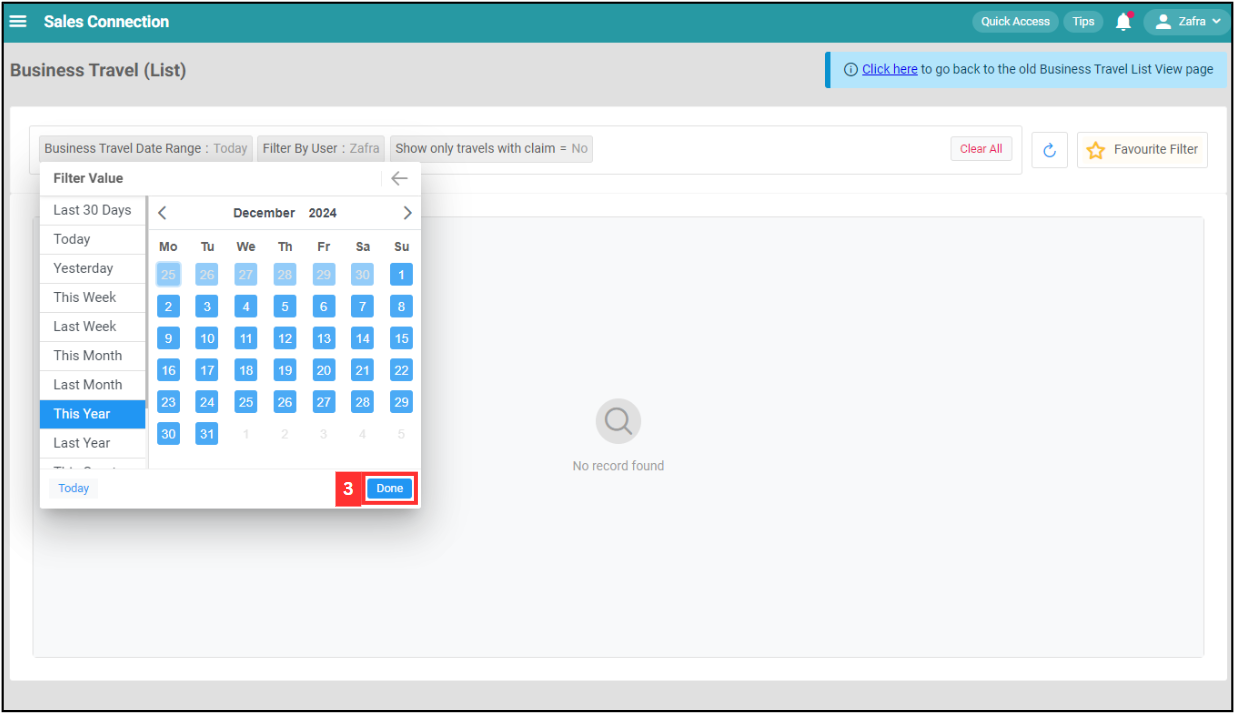 Business Travel List Filter Step 3