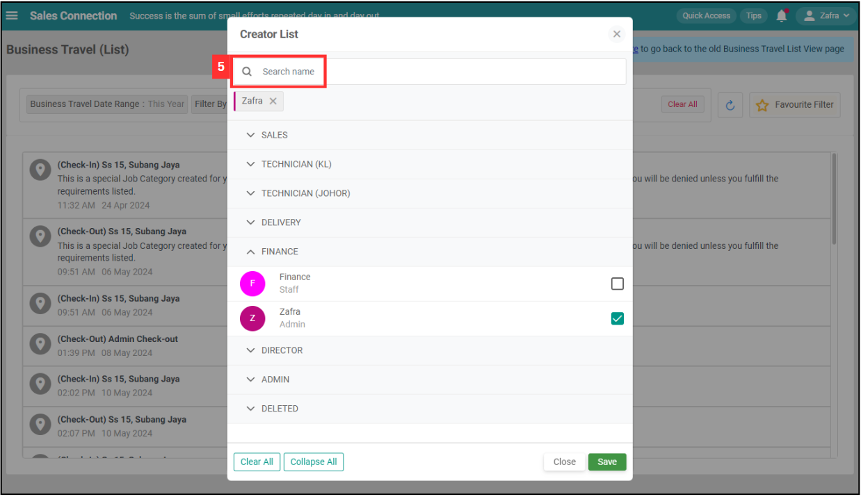 Business Travel List Filter Step 5