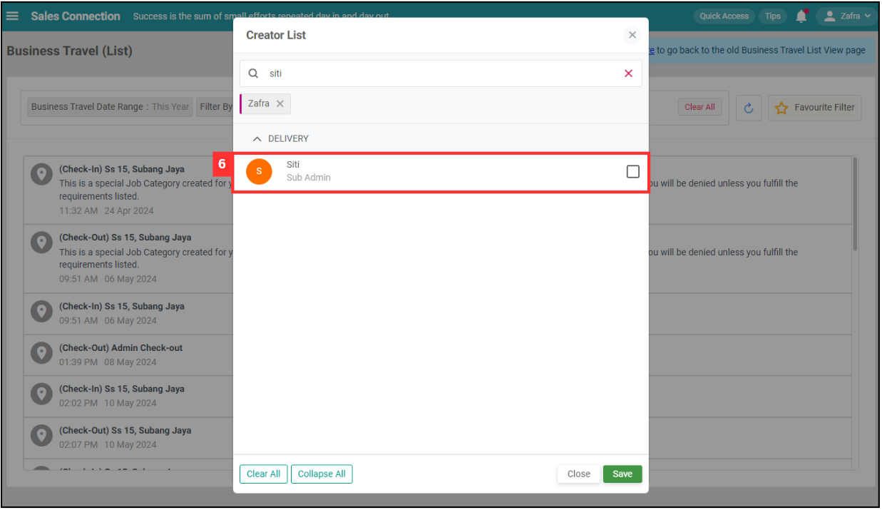 Business Travel List Filter Step 6