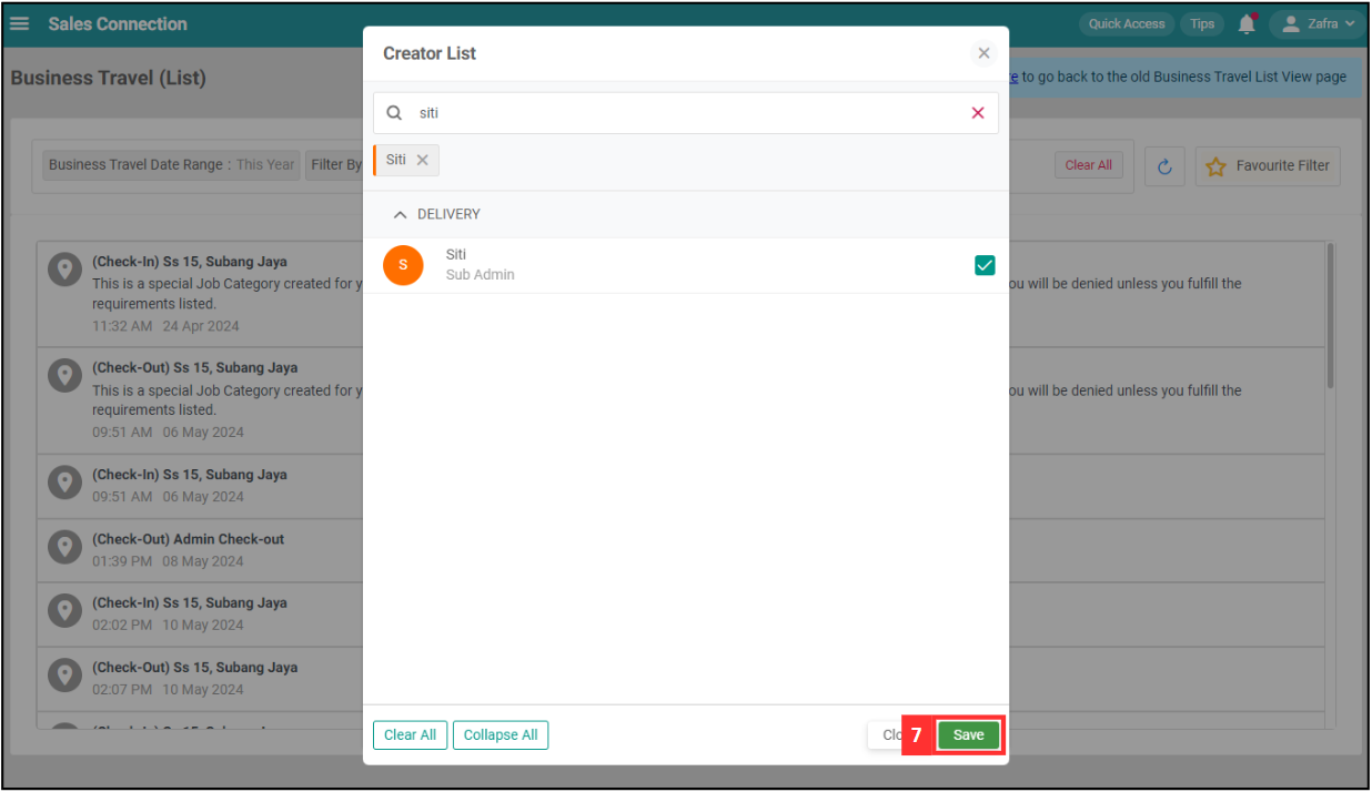 Business Travel List Filter Step 7