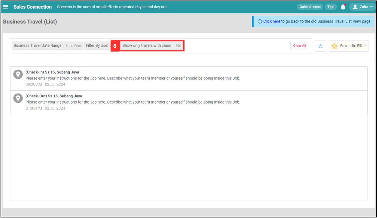 Business Travel List Filter Step 8