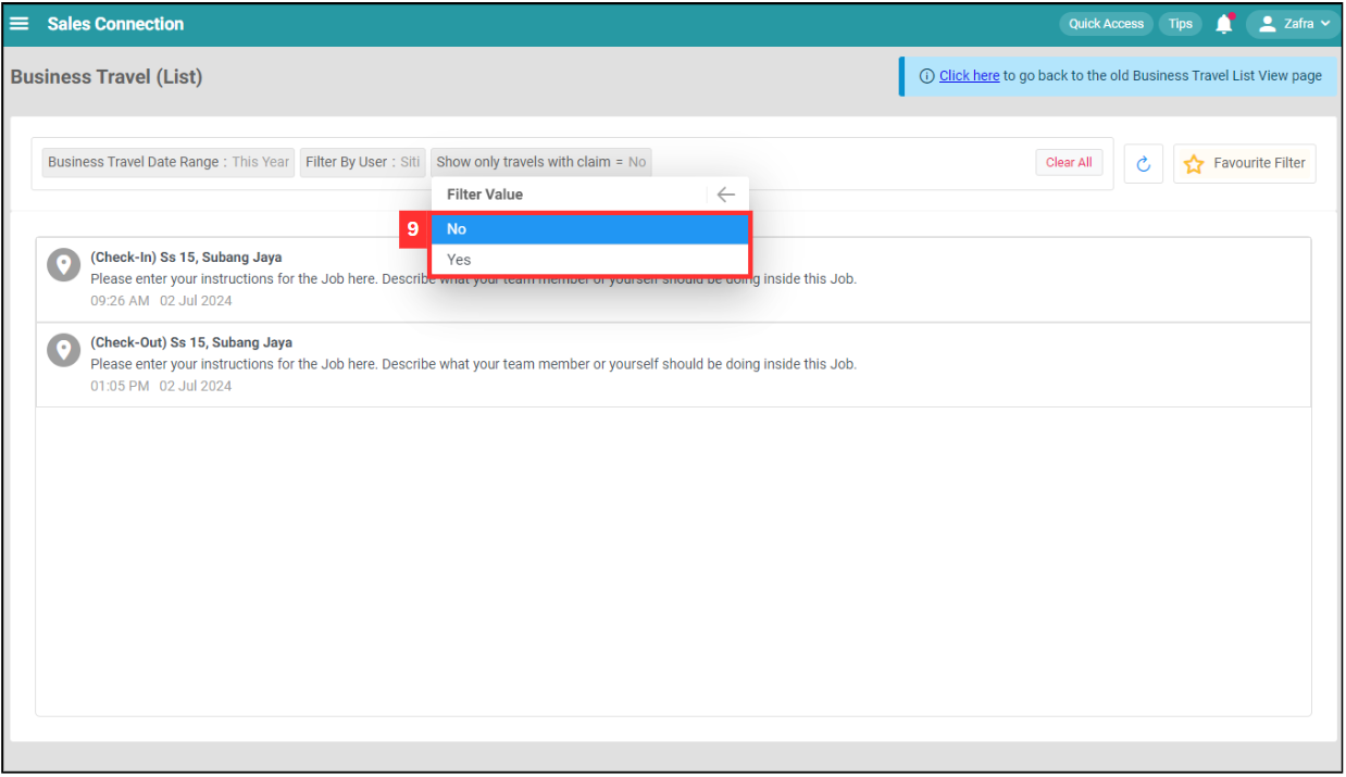Business Travel List Filter Step 9
