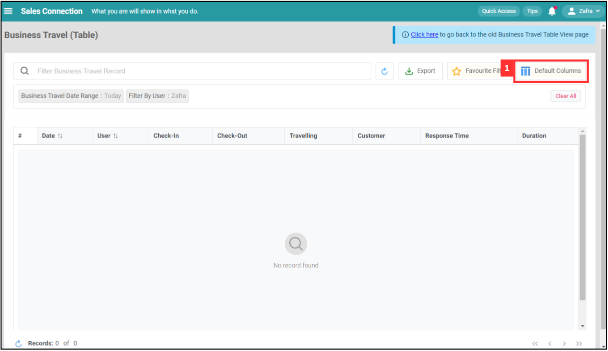 Business Travel Table Default Columns Step 1