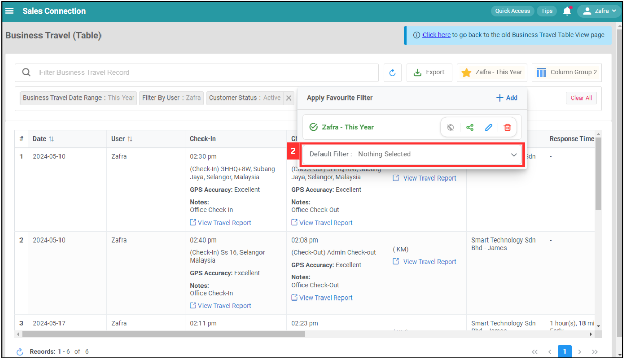 Business Travel Table Default Filter Step 2