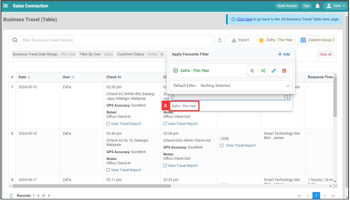 Business Travel Table Default Filter Step 3