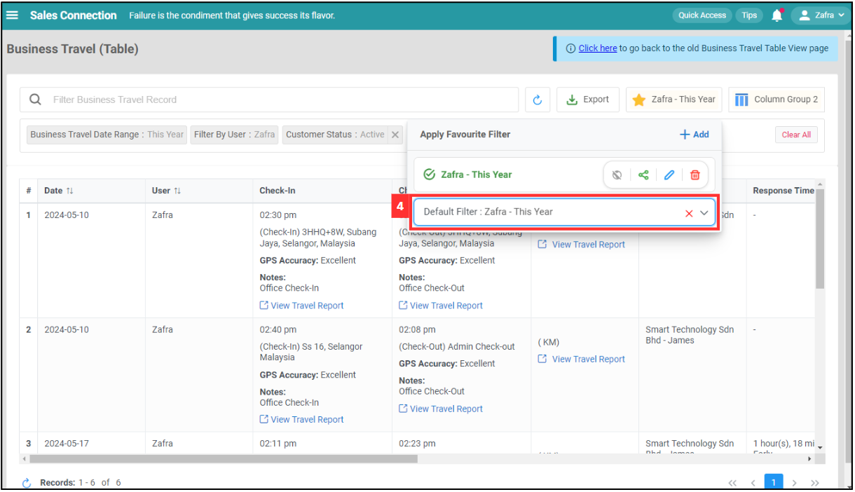 Business Travel Table Default Filter Step 4