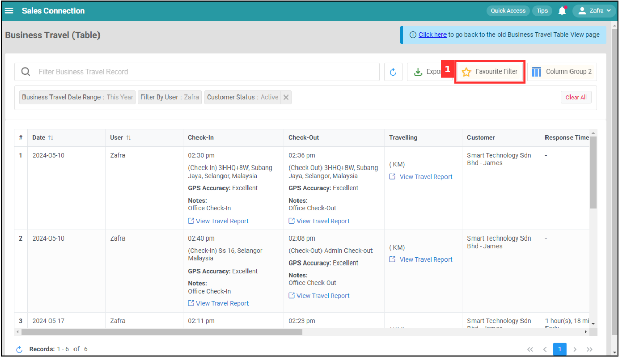Business Travel Table Favourite Filter Step 1