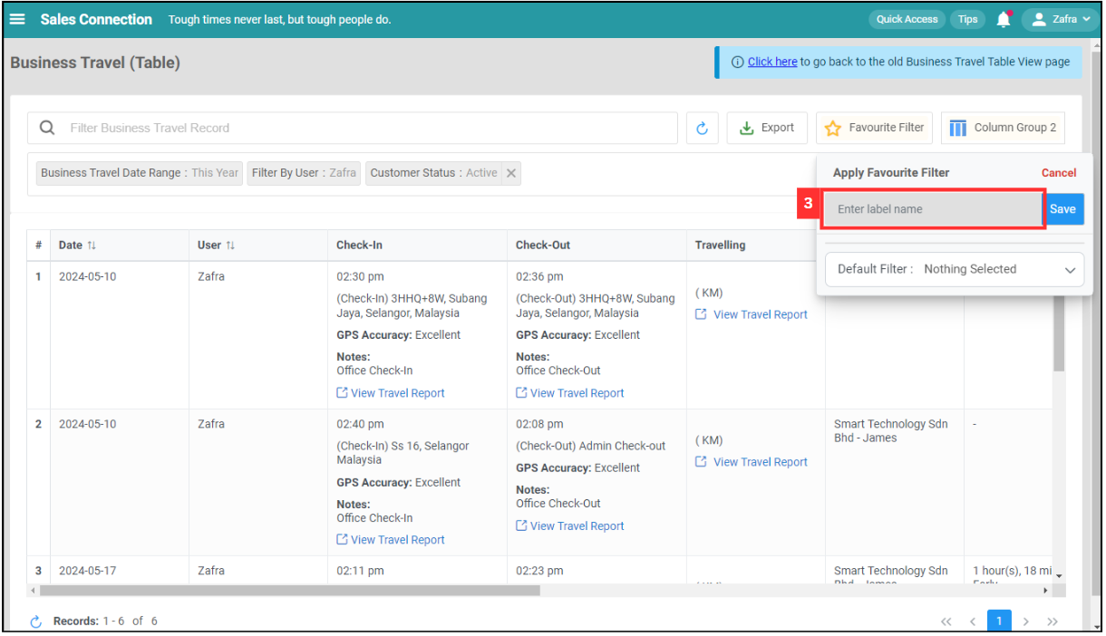 Business Travel Table Favourite Filter Step 3