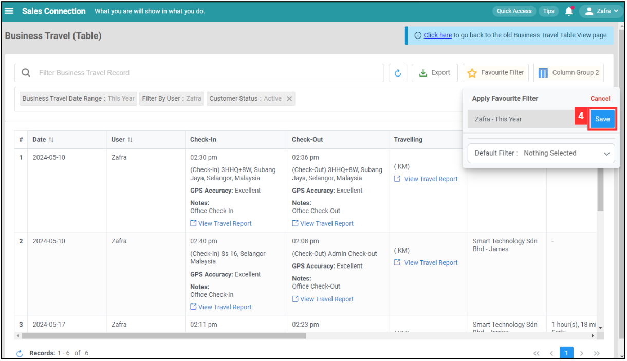 Business Travel Table Favourite Filter Step 4