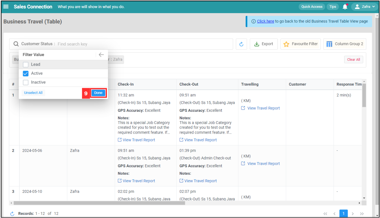 Business Travel Table Filter Step 9