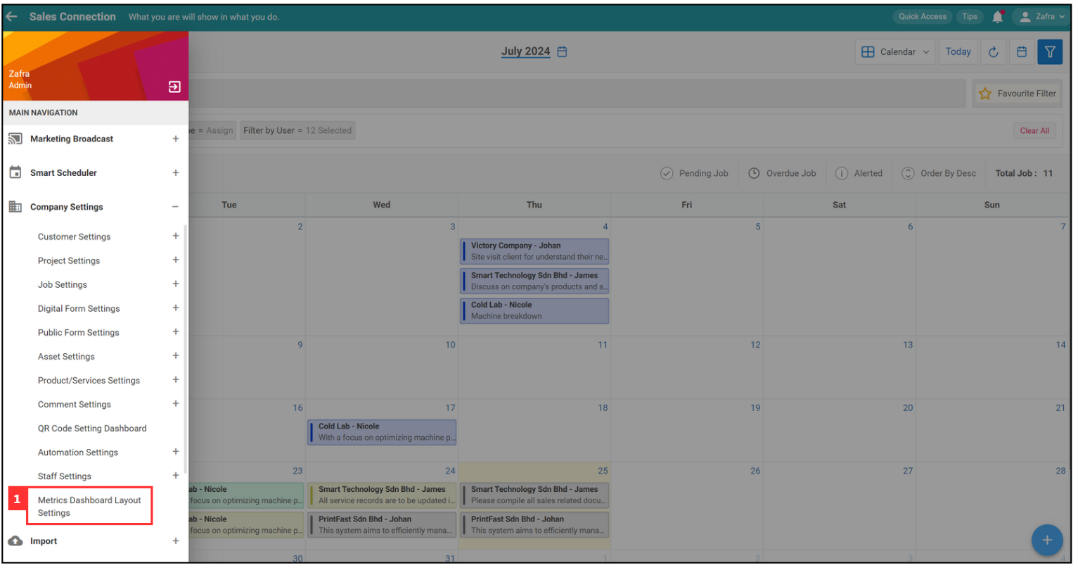 Metric Dashboard Layout Settings Step 1