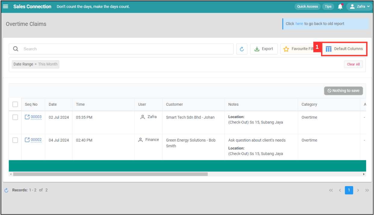 Overtime Management Default Column Step 1