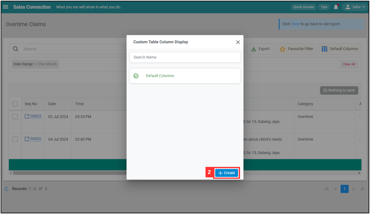 Overtime Management Default Column Step 2