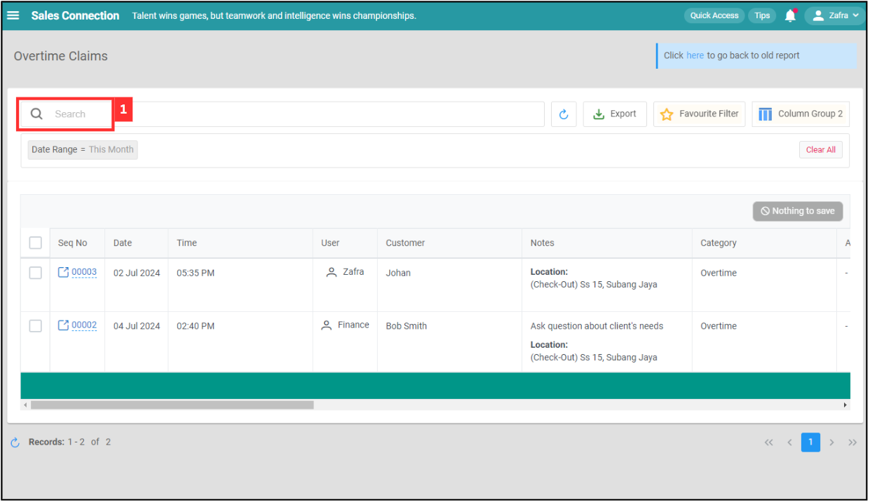 Overtime Management Filter Step 1